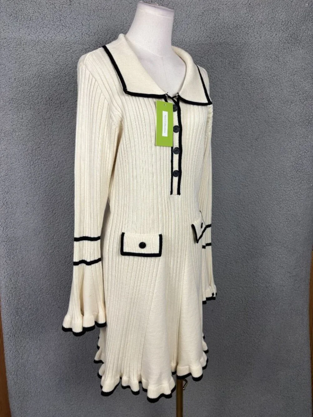 Women's Ribbed Knit Sweater Mini Dress Cream -Black Trim -Size XL New With Tags. - Picture 3 of 8